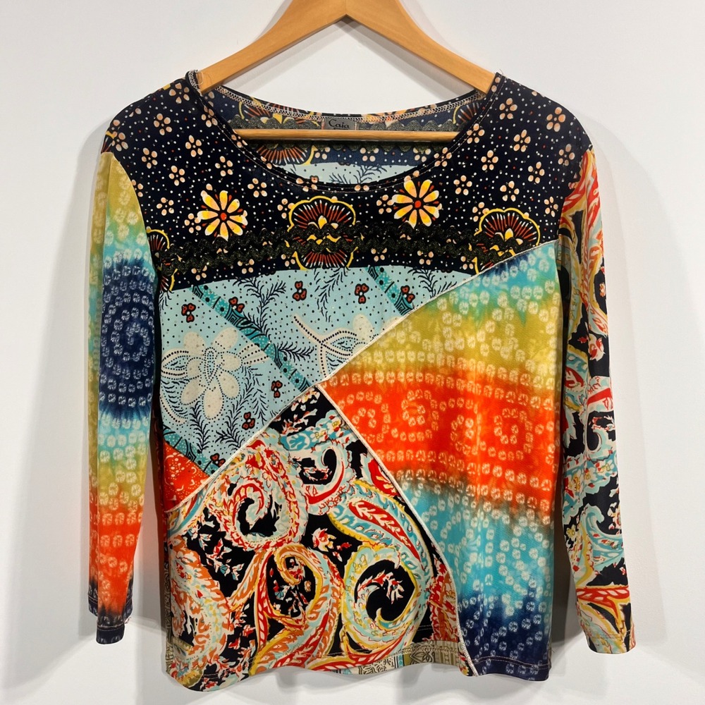 Caia Y2K Patchwork Paisley Tie Dye Top‎ Womens Large Artsy Hippie Asymmetrical